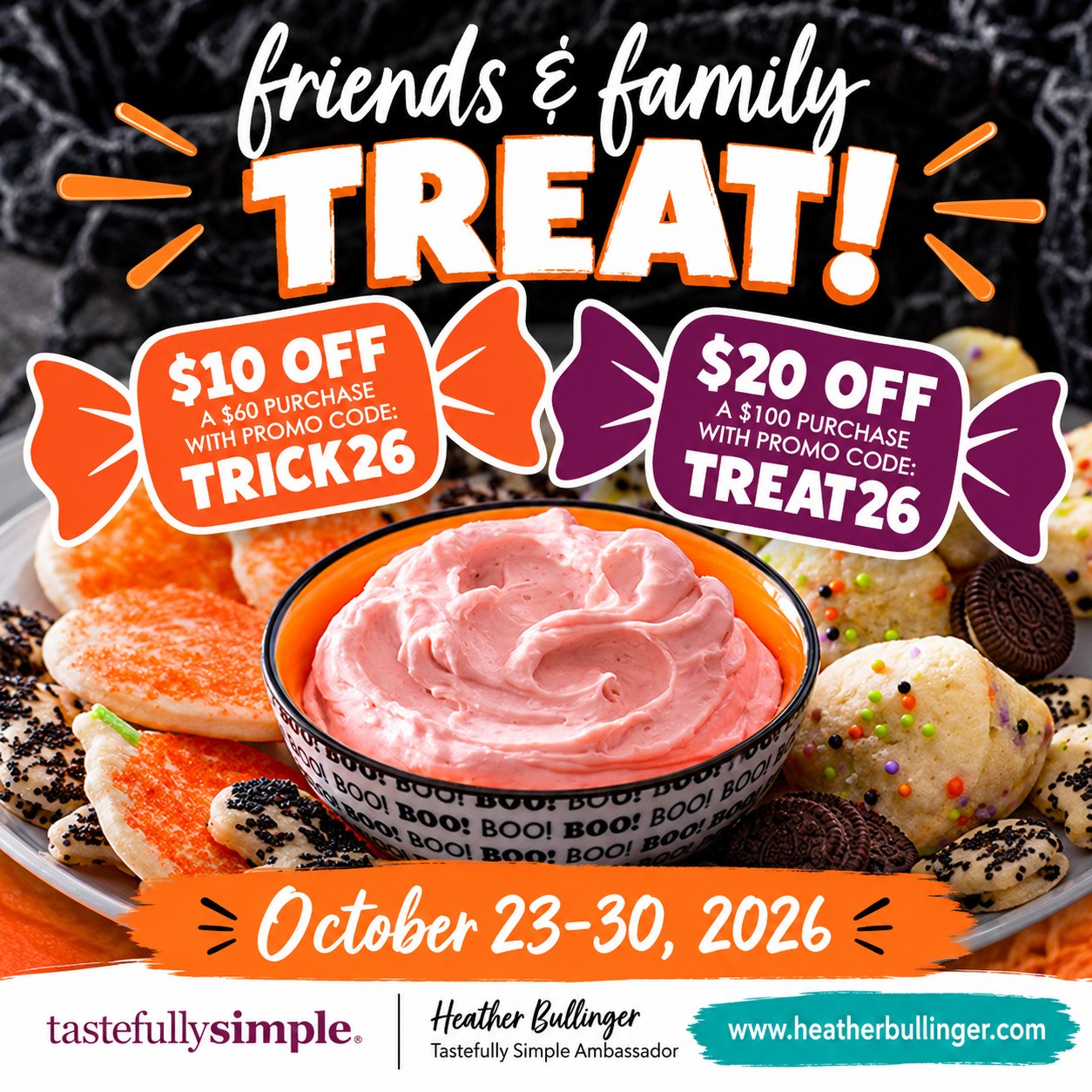 🎃 JUST ANNOUNCED! TRICK OR TREAT! 🍬

I've got some SWEET savings to share with you!

Tastefully Simple JUST announced a special Friends & Family promotion, and it's a GREAT time to stock up on your favorites, try something new, or get a head start on your holiday shopping!

October 23–30 ONLY!

🍬 $10 OFF your $60 purchase with code TRICK26

🍬 $20 OFF your $100 purchase with code TREAT26

Think about all those easy dinners, seasonings, sauces, breads, soups and holiday gifts you've been wanting to grab. Why not save a little money while you're at it?

Here's how to get your special treat:

🛍️ Comment below or message me for my shopping link! I'll make sure you have the correct link to order.

🎃 Enter your coupon code at checkout to receive your discount.

❤️ BONUS! Everyone who orders through me during this promotion will ALSO be entered into my October Giveaway! Just be sure to message me after you order so I can confirm your order and get your name entered.  You must message or text me to get entered.

These savings were JUST announced, so I wanted to make sure you heard about them right away!

Who's ready to save $10 or $20? 🙋‍♀️

 #mealplanningwithheather #TastefullySimple #eatathome #ilovefood #TeamFireworks